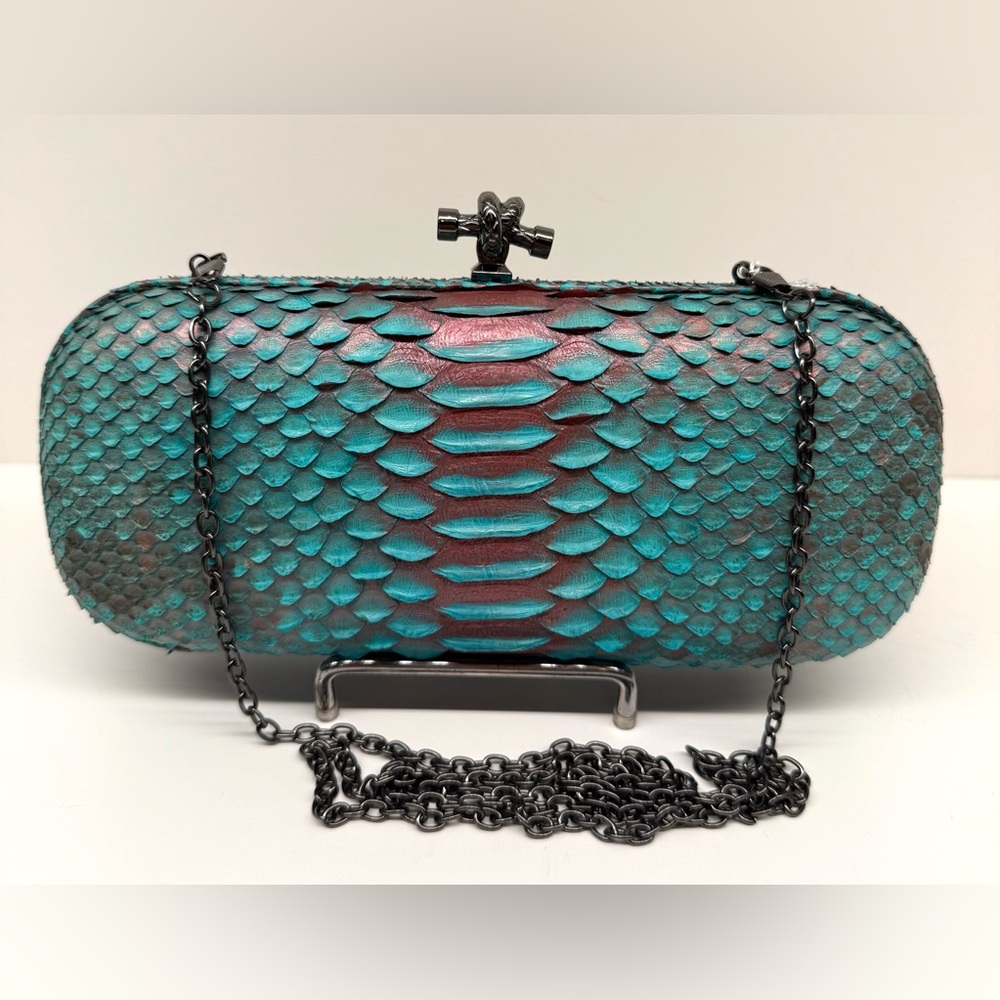 Genuine Snakeskin (Python) - Elegant Turquoise and Rosegold Clutch with Chain